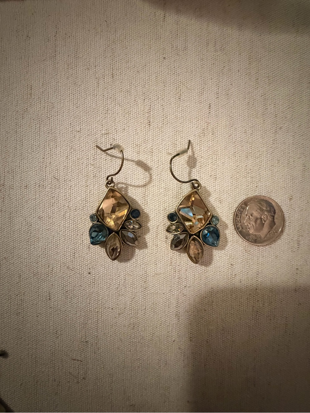 Chloe + Isabel Gold Tone Earrings with Blue and Champagne Crystals